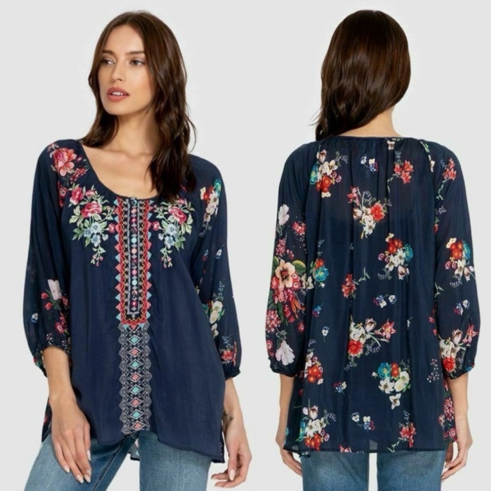 Johnny‎ Was Sheera Embroidered Contrast
Blouse Dark Blue Multi Size Medium